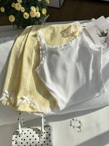 Teenage Girls' Spring/Summer Vacation Casual All-Match Versatile Lazy Lace Bow Shorts Top Vest And Loose Yellow Plaid Pants 2-Piece Set - Yellow - View 3