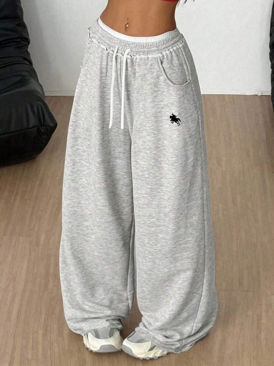 SHEIN 少女女孩寬鬆休閒舒適中腰對比色抽繩運動長褲 冬季 - 淺灰色 - 查看 1