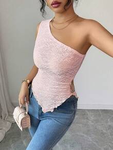 SHEIN Elenzya 女士新款春夏秋季休闲通勤旅行上衣，纹理面料，不对称下摆，不对称斜肩设计，侧边金属装饰，适合女性在秋季、情人节、新年、假期、万圣节、圣诞节等场合穿着。 - 淺粉色 - 查看 5