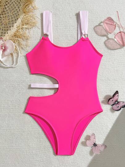 Girls Solid Color Waist Hollow Out Ring Design One-Piece Swimsuit, European And American Fashion Style, Suitable For Vacation, Swimming, Beach