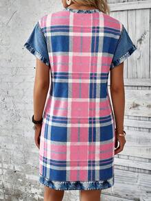EMERY ROSE Vestido casual de mujer con cuello redondo en patchwork a cuadros, para verano - Multicolor - Ver 2
