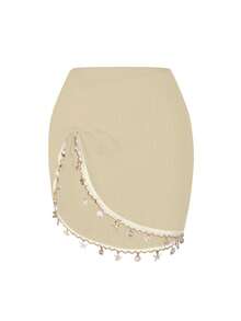 Swim Lushoire Women's Beige Summer Boho Beach Vacation Holiday Drawstring Ruched Starfish Shell Tassel Texture Fabric Split Hem Bikini Cover Up Skirt - Apricot - View 3