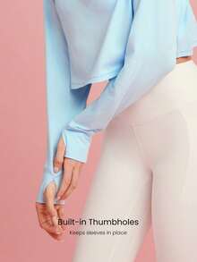 GLOWMODE Pima Cotton Win Soft Stretchy Breathable Overlapping Back Flap Ribbed Neckline Cuffs Thumbholes Long-Sleeve Crop Top Gym Workout Spring - Blue - View 4