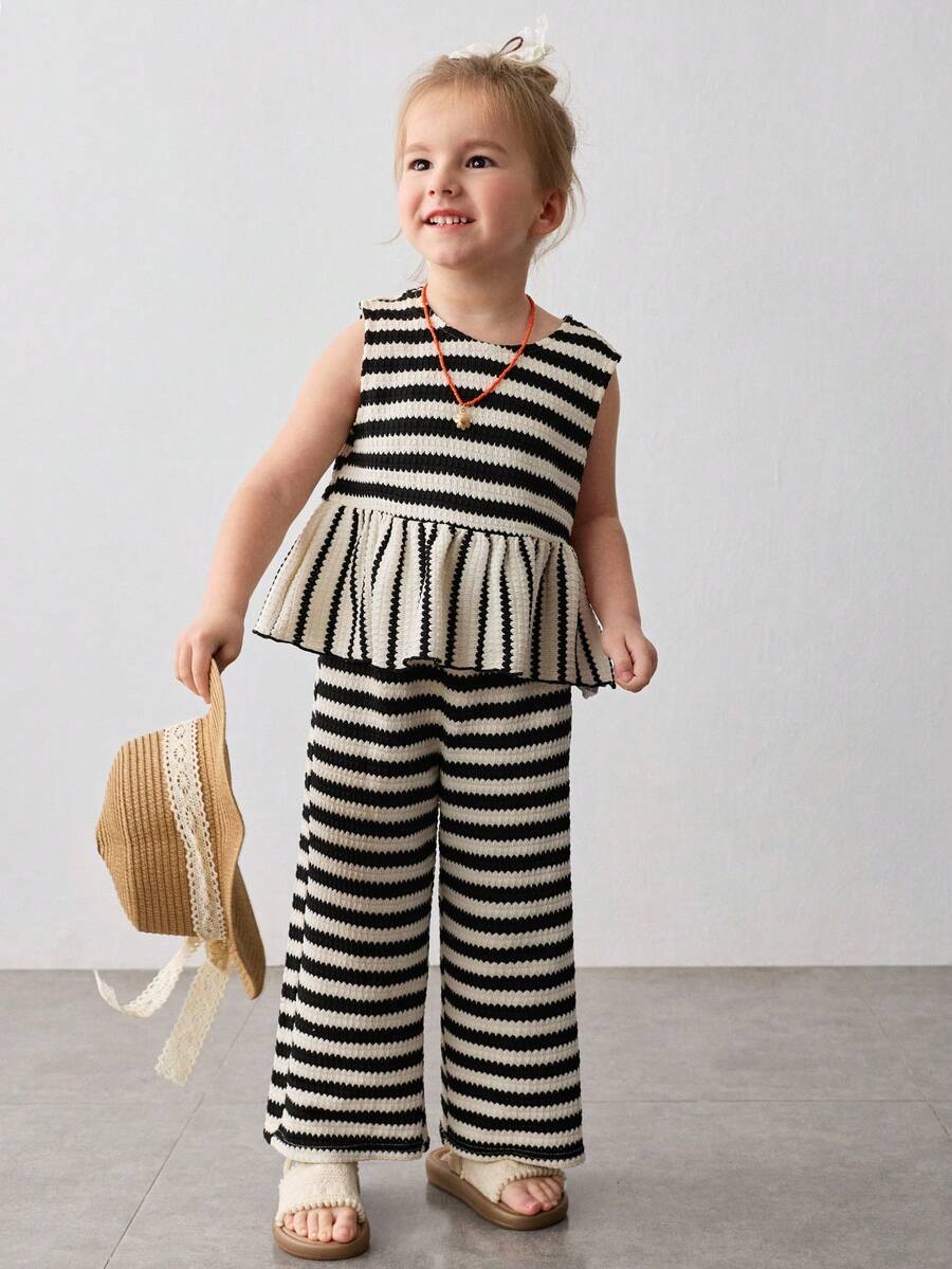 Maija Kids Young Girl Knitted Jacquard Black & White Striped Ruffle Collar Top And Pants Casual Suit - Black and White - View 1