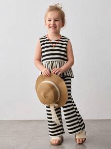 Maija Kids Young Girl Knitted Jacquard Black & White Striped Ruffle Collar Top And Pants Casual Suit - Black and White - View 3