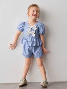 Maija Kids 2pcs/Set Girls Striped Contrast Color Bow Decor Puff Sleeve Top And Elastic Waist Shorts Set - Multicolor - View 3