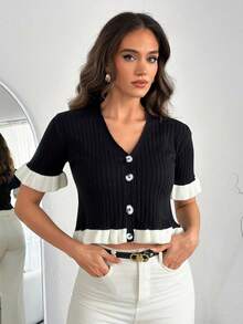 SHEIN Ruffle Trim Ribbed Knit Short Sleeve Button Front Top Women Slim Fitted V Neck Elegant Contrast Frill Summer Chic Tee - Black and White - View 5