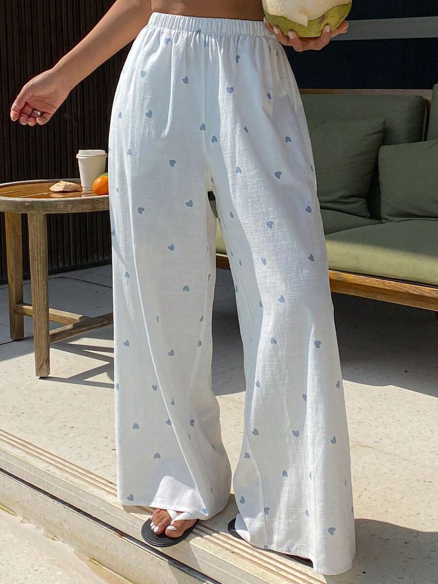 DAZY 心形图案印花宽松阔腿女式睡裤 - 白色 - 查看 1