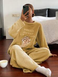 DAZY 2pcs Ice Cream Print Fleece Knit Loose Pajama Set For Women - Yellow - View 7