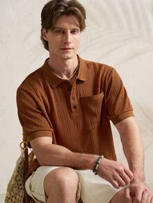 TONEVAULT 男士焦糖棕色短袖针织 Polo 衫，带胸袋和纽扣门襟 - 透气、柔软、舒适，常规版型，经典翻领 Polo 衫，适合夏季休闲商务场合 - 棕色 - 查看 4