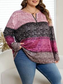SHEIN CURVE+ Curve 尺码 US22 音乐节、海滨度假、波西米亚风女士圣诞棕色领拉链设计T恤，圣诞主题女士T恤，秋冬服装 - 卡其色 - 查看 4