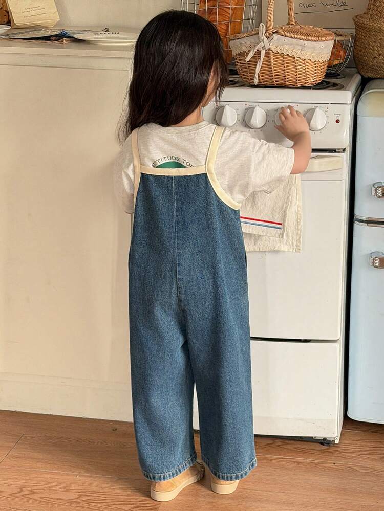 Young Girl' Contrast Color Korean Style Washed Denim Bib Overalls And Jumpsuit