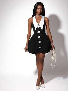3D Floral Pointed Collar Low-Cut Waist Flared Mini Dress Black White Dress 2000s Dress Button Dress - Black and White - View 3