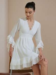 Aveloria Revavyn Luxury Chiffon Contrast Lace V-Neck Waist Cinched Ruffle Hem & Cuff Design Women's Short Dress - White - View 6