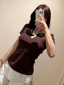 DAZY Contrast Trim Polo Neck Tee - Coffee Brown - View 4