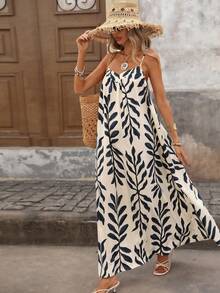 Women's Vacation Casual Plant Print Backless Spaghetti Strap Dress - Black and White - View 4