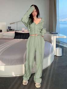 DAZY 2pcs Women Casual Zipper Front Jacket And Wide Leg Pants Set, Spring Summer Hoodie Lounge Sets For Women - Mint Green - View 4