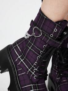 ROMWE Grunge Punk Women's Dark Rock Punk Goth Lace-Up Motorcycle Boots, Platform Thick Sole Ankle Boots For Christmas - Purple grid - View 2