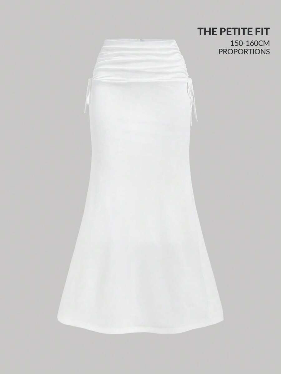 SHEIN MOD High Waisted Side Drawstring Waistband, Pleated Waist, Fish Tail Hem, Long Skirt - White - View 1