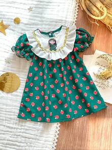 SHEIN Newborn Baby Girl Printed Patchwork White Ruffled Bubble Short Sleeve Dress, Summer New Style - Dark Green - View 7