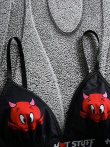 SHEIN HOT STUFF Women Cartoon Pattern Bra And Briefs Lingerie Set - Black - View 5
