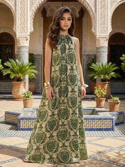 Travachic KIDS Vestido de tirantes informal con estampado floral verde para niñas preadolescentes de vacaciones