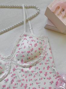 Comfortcana Women's Elegant Summer White And Pink Floral Lace Trim Built-In Bra Jumpsuit,Soft Knit Graphic Lounge Romper For Beach Vacation,Party & Home Leisure - Multicolor - View 4