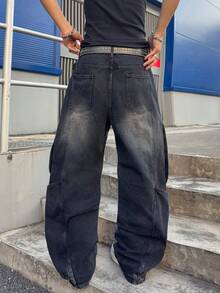 Manfinity EMRG Vintage Streetwear Fashion Niche Versatile Design Distressed Buttoned Patchwork Straight Leg Loose Fit Jeans New Vintage - Black - View 2