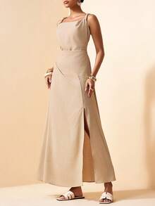 Zivah 2026 Spring New Arrival Vacation Style Music Festival Easter Western Nomadic Birthday Daily Casual Vacation Beach Wedding Street Fashion Date Twist Strap Ruched Draped Neck Flared Hem A-Line Woven Dress, French Elegant - Khaki - View 3