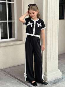 SHEIN 少女休闲正式优雅返校套装，黑白撞色蝴蝶结装饰圆领上衣搭配直筒撞色裤 - 黑與白 - 查看 2