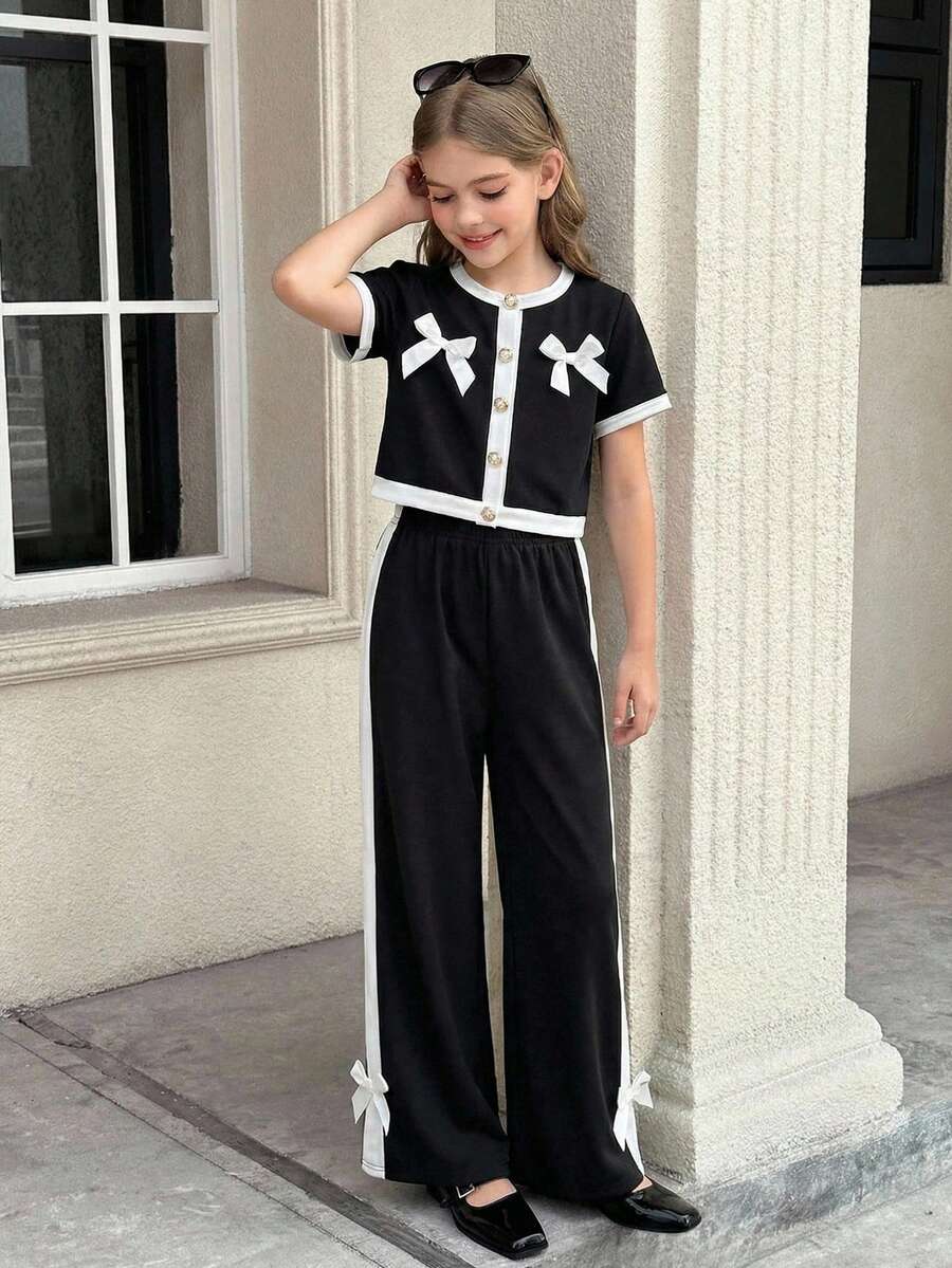 SHEIN 少女休闲正式优雅返校套装，黑白撞色蝴蝶结装饰圆领上衣搭配直筒撞色裤 - 黑與白 - 查看 1