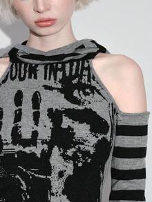 ROMWE Kawaii Áo len nữ cỡ lớn dễ thương, ngọt ngào, có dây buộc ở cổ tay, kiểu tay phồng, trễ vai. - Xám - Xem 3