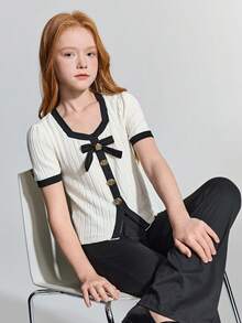 Maija Kids Maija Kids 少女杏色罗纹撞色金色花朵纽扣圆领短袖休闲T恤 - 杏色 - 查看 3