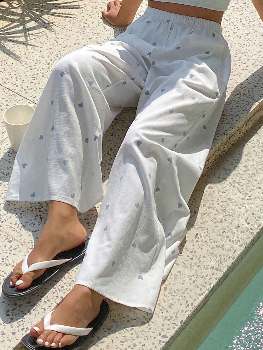 DAZY Heart Pattern All-Over Print Loose Wide Leg Women Pajama Bottoms - White - View 1