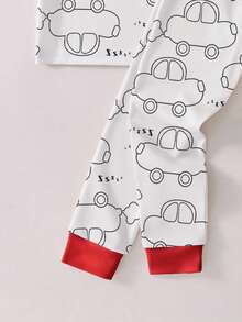 一套男童贴身睡衣，可爱卡通红色汽车印花短袖上衣和长裤两件套睡衣套装 - 白色 - 查看 5