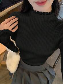 DAZY 女士纯色韩版蕾丝拼接长袖休闲毛衣 - 黑色 - 查看 4