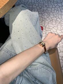 DAZY Women's Loose Fit Rhinestone Embellished Washed Denim Jeans - Blue - View 1