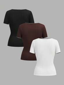 SHEIN EZwear Bộ 3 áo thun nữ kiểu dáng đơn giản, thoải mái, phối màu tương phản, thêu hoa, thanh lịch, phù hợp cho các buổi đi chơi, phong cách đường phố, phối đồ, đi nghỉ mát. - Nhiều màu - Xem 2