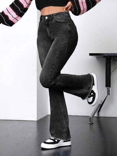 SHEIN PETITE Women's Solid Color Slant Pocket Casual Versatile Flare Leg Jeans