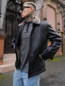 Artur Kramer Chaqueta de cuero con cuello alto, de manga larga, con forro cálido para hombre, de moda y casual, para otoño - Negro - Ver 4
