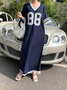 DAZY Women's Number Print V-Neck 3/4 Sleeve Casual Loose Long Dress Maxi Dress - Navy Blue - View 5