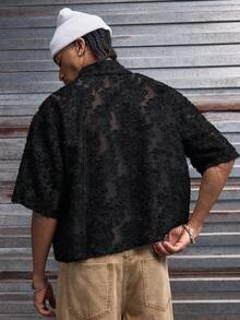 AXEPEAK Men's Cutout Short Sleeve Single-Breasted Loose Casual Shirt - Black - View 2