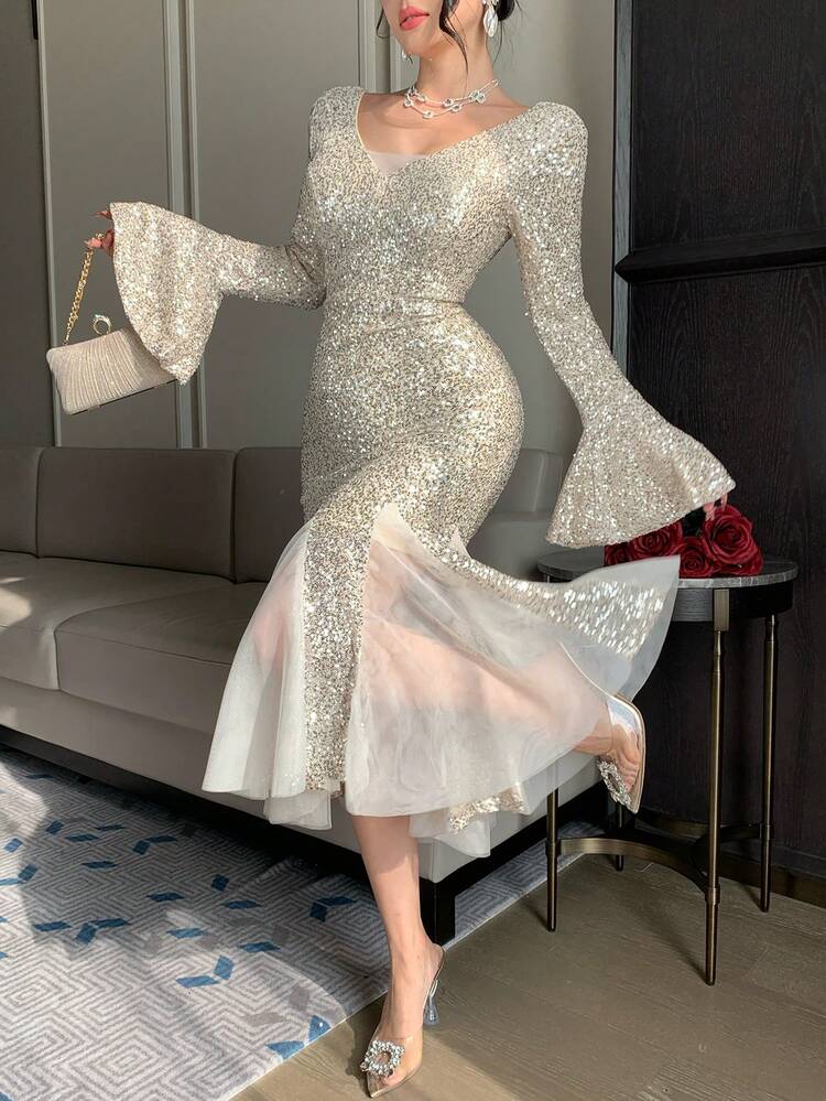 Women's Elegant Sequin Patchwork V-Neck Flare Sleeve Mid-Length Dress, Spring/Summer Wedding Guest Dress Sparkly Dress Maxi Dress Sundress