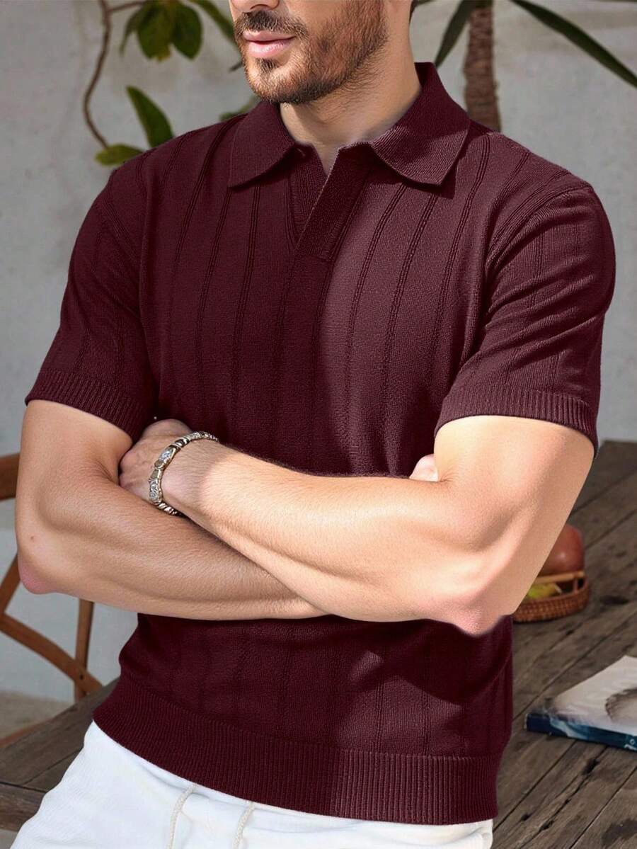 Manfinity Homme Áo thun nam tay ngắn cổ bẻ, kiểu dáng thường ngày, đa năng, phù hợp đi làm. - Màu Đỏ Sâu - Xem 1