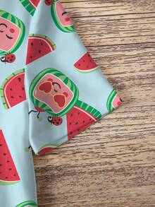 CoComelon X SHEIN Young Girl Watermelon & Cartoon Print Short Sleeve Dress - White - View 5