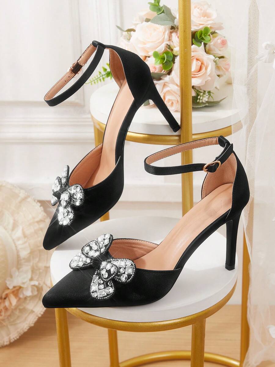 CUCCOO HITCHD Zapatos de tacón alto elegantes y de moda para fiesta con decoración de lazo de strass para mujer - Negro - Ver 1