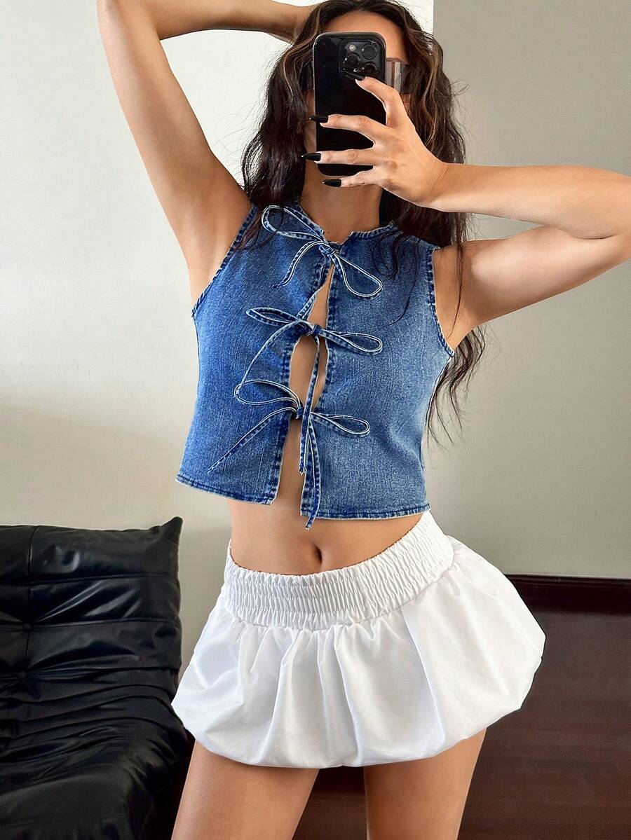 SHEIN ICON 女士休闲水洗开襟系带无袖牛仔衬衫 - 中等水洗藍 - 查看 1