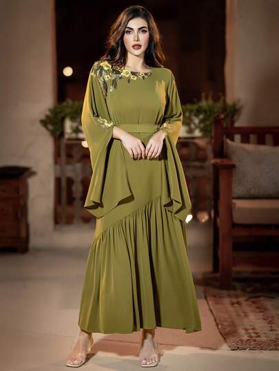 Layrah BA3048 橄榄绿菱形图案长袖复古优雅长款罩衫