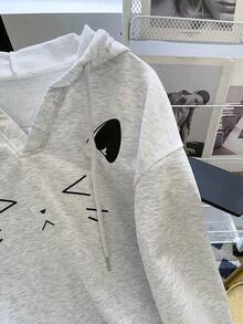 Resyla Women's Casual Cat Print Drawstring Hooded Drop Shoulder Sweatshirt, Autumn - Grey - View 6