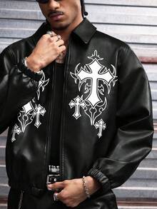 AXEPEAK Men's Casual Fashion Street Cross Print Zip-Up Jacket, Autumn - Black - View 3